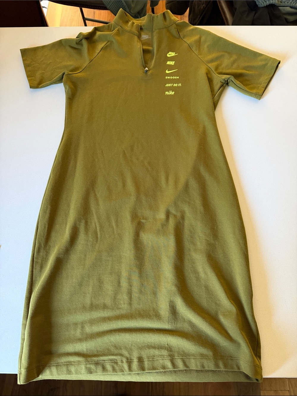 Women’s Nike Olive Green Short-Sleeve Zip Dress with Neon Logos